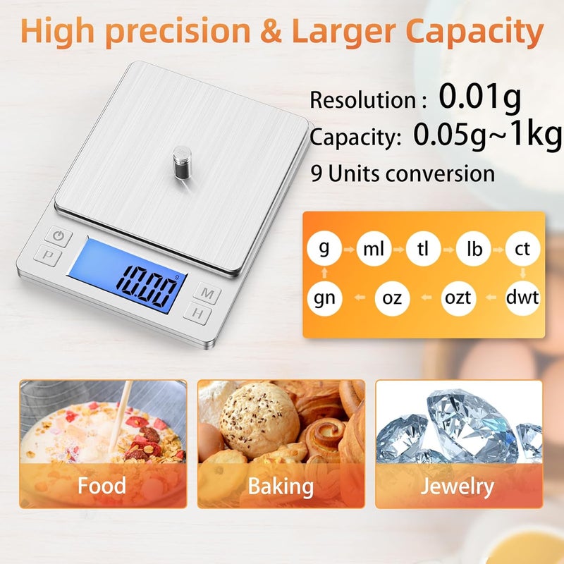 BOMATA 0.01g Small Digital Gram Scale, USB Rechargeable, Upgraded 1kg Jewelry Scale with Larger Display and Hold Function, High Precision, Grams and oz for Herb, Coin, Powder, Gold, Yeast, Kitchen - Image 2